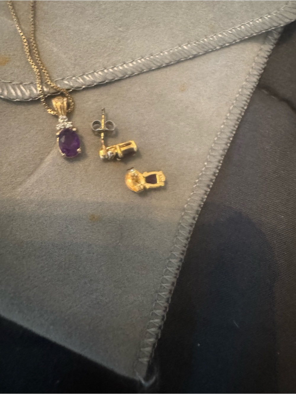 Gold Tone Amethyst Pendant Necklace and Earring Components